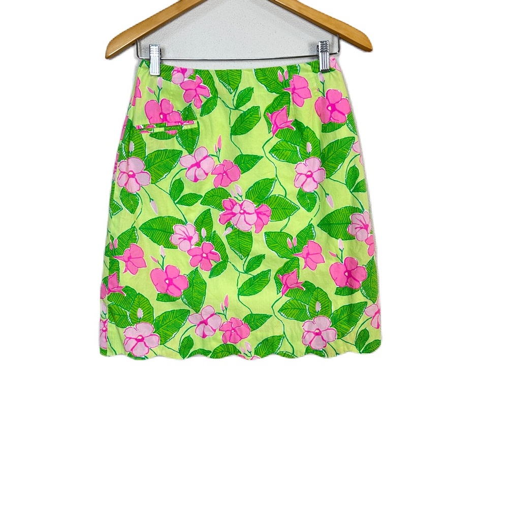VTG Lilly Pulitzer Mandevilla Green Pink Floral Scallop Hem Skirt Women’s Sz 4